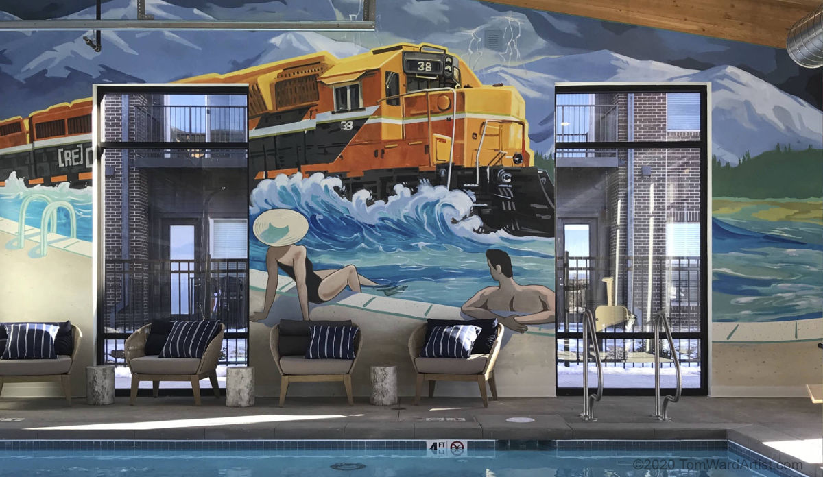 Loveland Colorado mural art train crashing into swimming pool