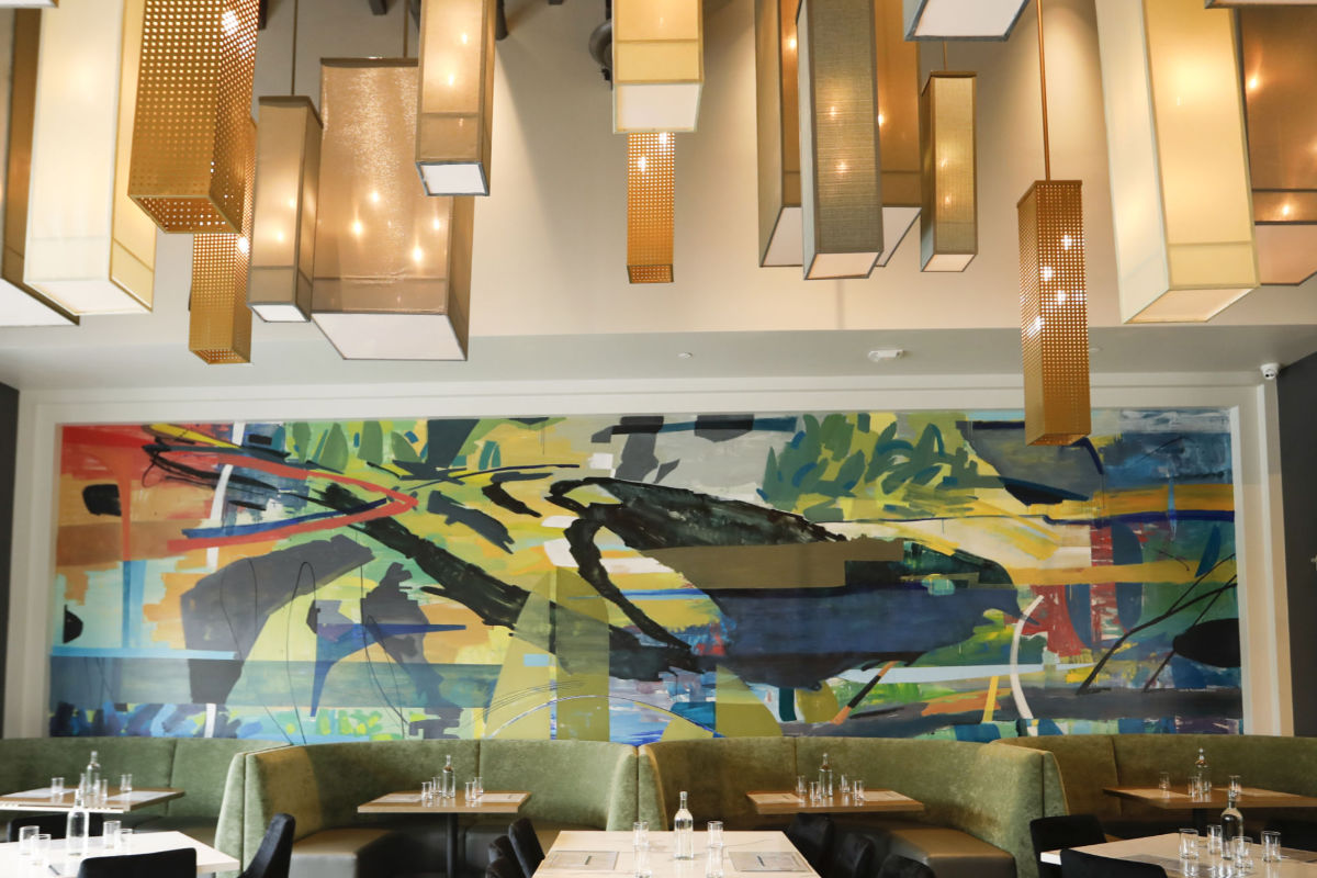 Mural painting California abstract painter gold finch goldfinch resturant Costa Mesa